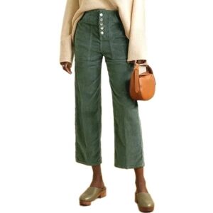 Veronica Beard Crosbie Wide Crop Corduroy Pants Woman Sz 28 Green Button Fly USA